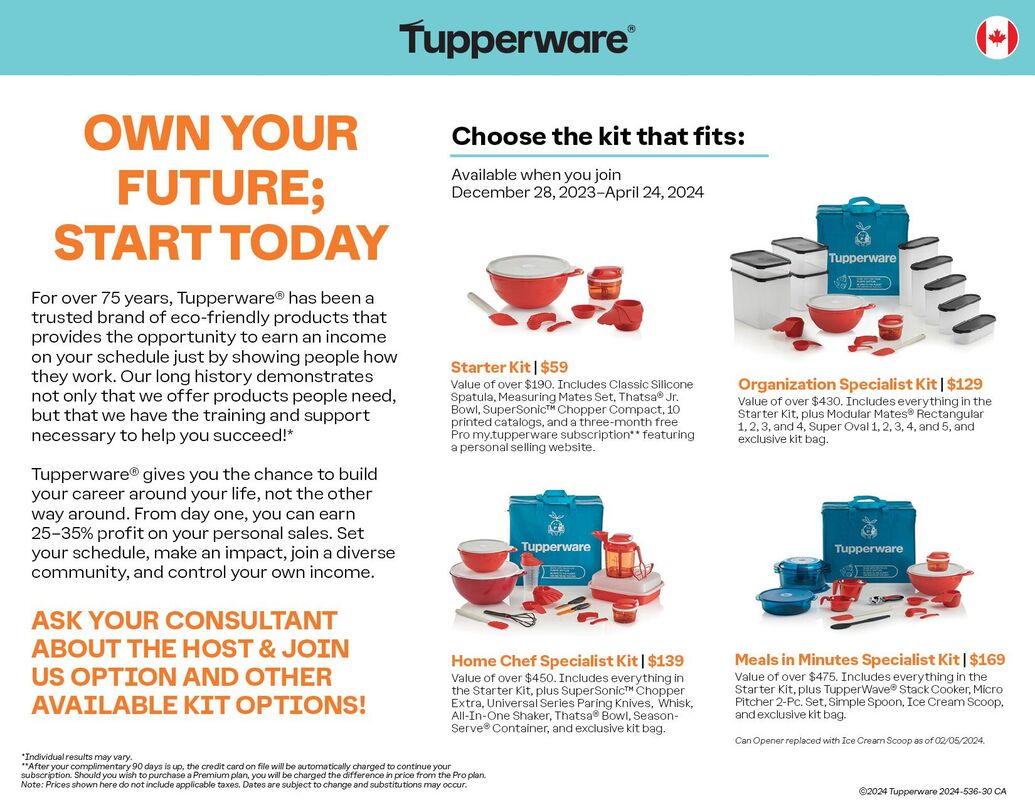 Products Offered to our New Starts - High Hopes Tupperware Organization